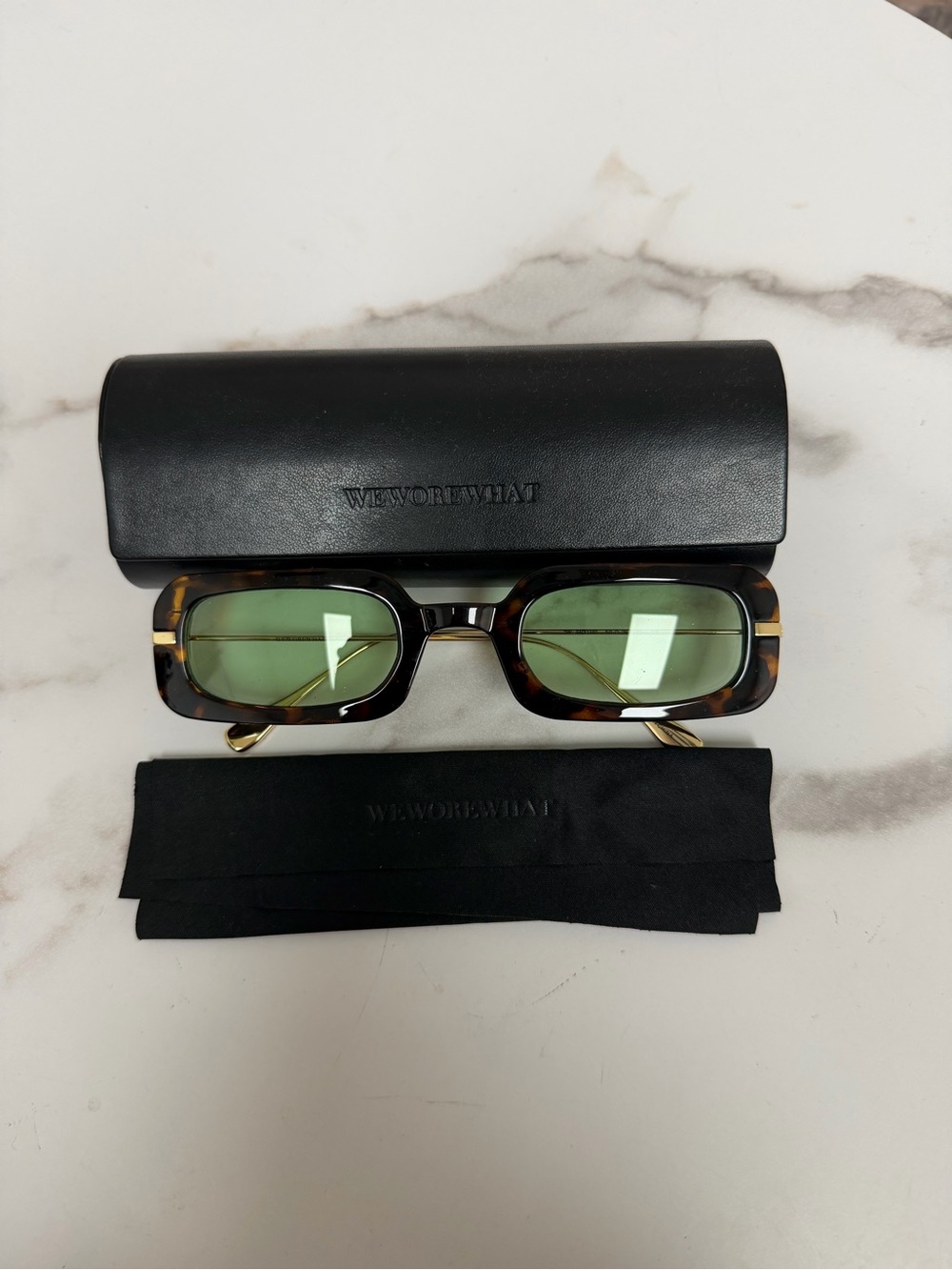 WeWoreWhat Tortoiseshell Frame Sunglasses with Green Lenses and Gold Temples